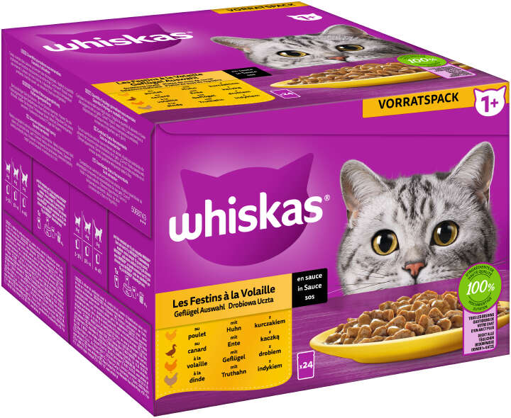 whiskas Portionsbeutel Katzen-Nassfutter Multipack Vorratspack 1+ Geflügel Auswahl in Sauce 24 x 85g